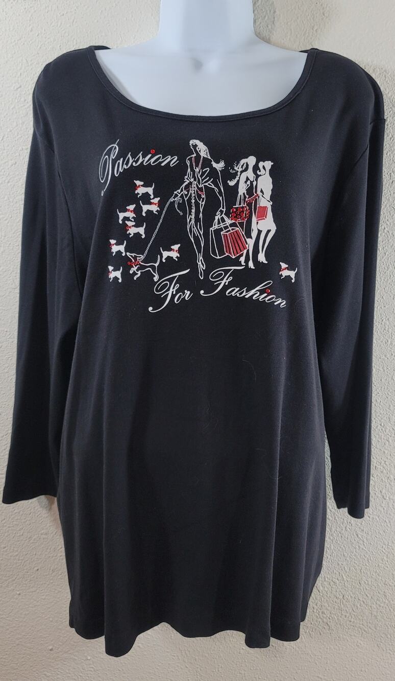 Nicole Miller Black White Red Graphic Passion For Fashion Top 2X Lightweight